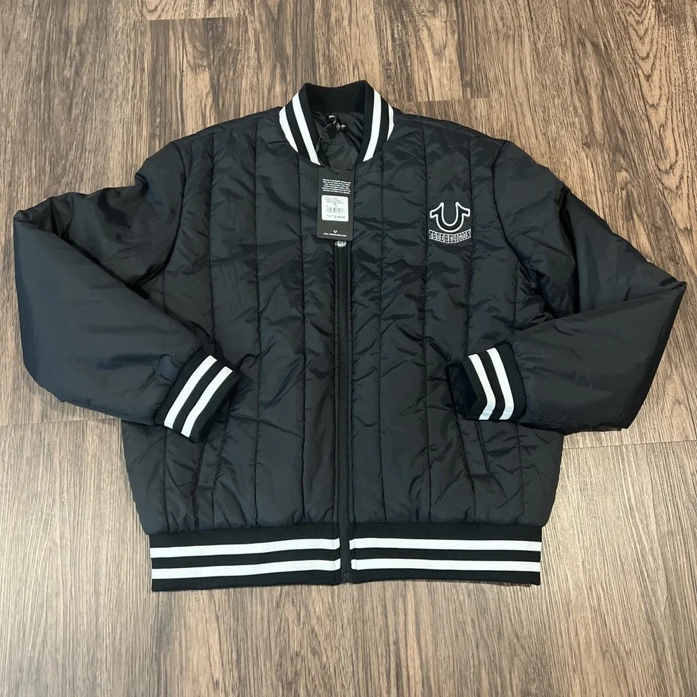 True Religion Jet Black Vertical Quilt Shell Jacket Logo Coat Men's Size S